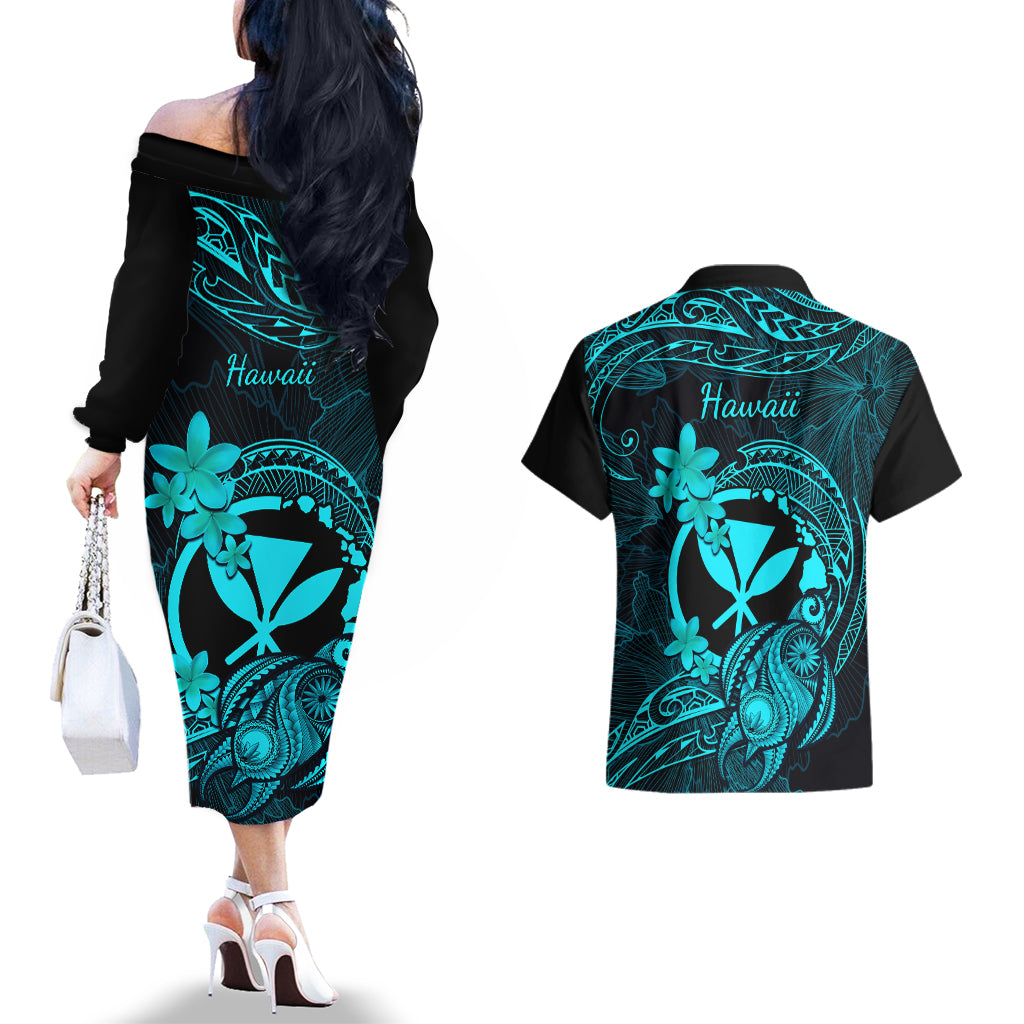 hawaii-couples-matching-off-the-shoulder-long-sleeve-dress-and-hawaiian-shirt-turtle-mix-polynesian-plumeria-turquoise-version