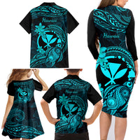 Hawaii Family Matching Long Sleeve Bodycon Dress and Hawaiian Shirt Turtle Mix Polynesian Plumeria Turquoise Version LT14 - Polynesian Pride