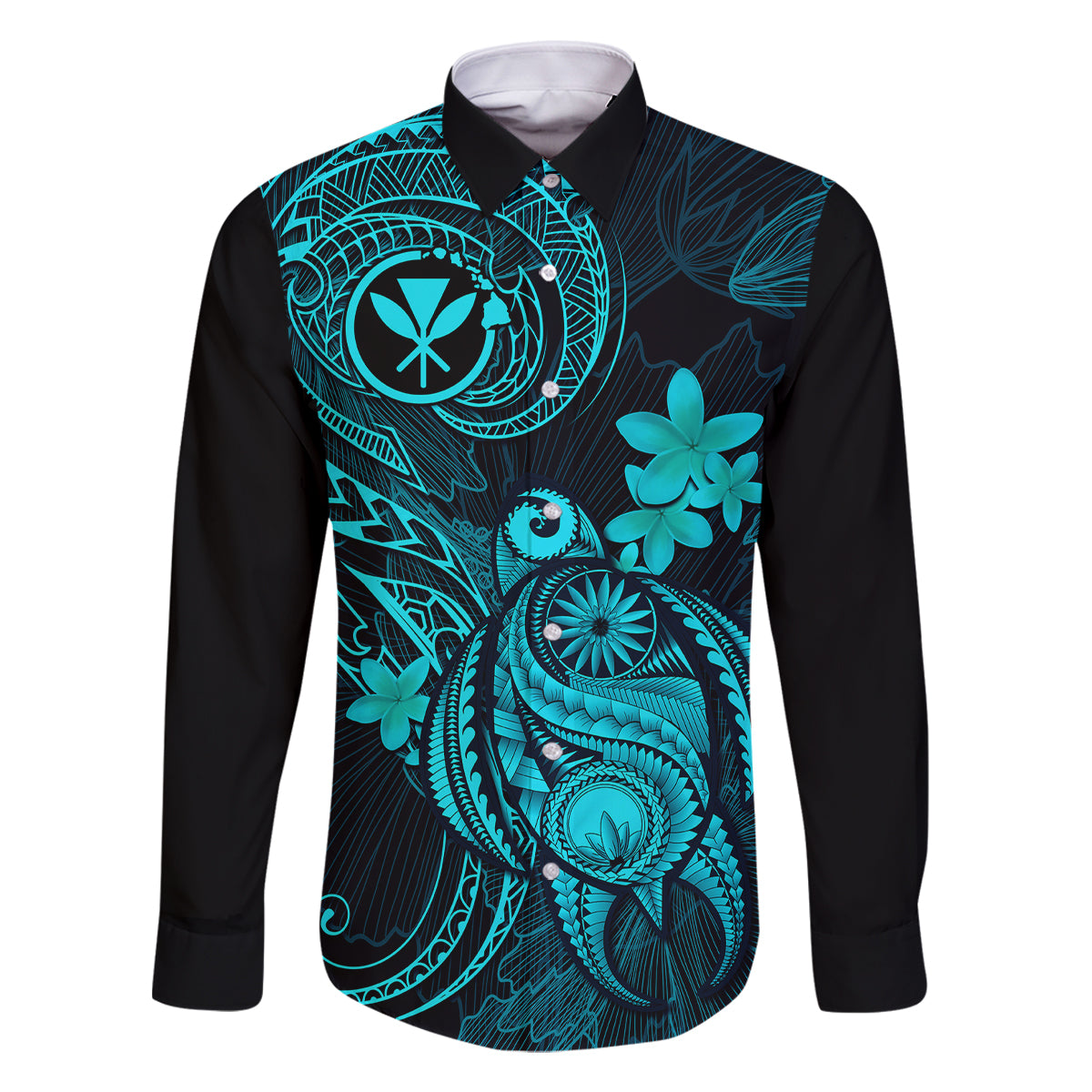Hawaii Family Matching Long Sleeve Bodycon Dress and Hawaiian Shirt Turtle Mix Polynesian Plumeria Turquoise Version LT14 Dad's Shirt - Long Sleeve Turquoise - Polynesian Pride