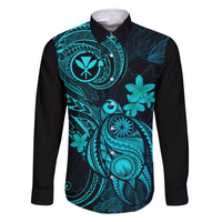 Hawaii Family Matching Long Sleeve Bodycon Dress and Hawaiian Shirt Turtle Mix Polynesian Plumeria Turquoise Version LT14 Dad's Shirt - Long Sleeve Turquoise - Polynesian Pride