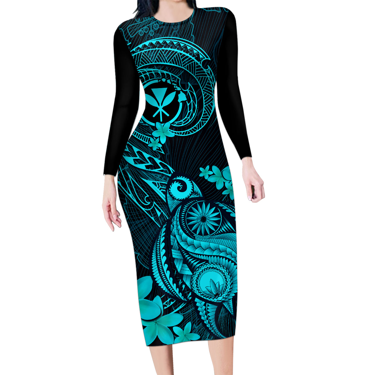 Hawaii Family Matching Long Sleeve Bodycon Dress and Hawaiian Shirt Turtle Mix Polynesian Plumeria Turquoise Version LT14 Mom's Dress Turquoise - Polynesian Pride