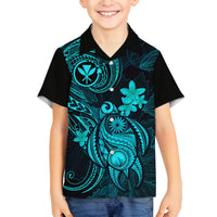 Hawaii Family Matching Long Sleeve Bodycon Dress and Hawaiian Shirt Turtle Mix Polynesian Plumeria Turquoise Version LT14 Son's Shirt Turquoise - Polynesian Pride