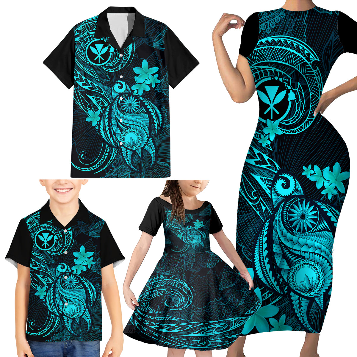 Hawaii Family Matching Short Sleeve Bodycon Dress and Hawaiian Shirt Turtle Mix Polynesian Plumeria Turquoise Version LT14 - Polynesian Pride