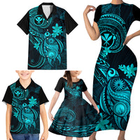 Hawaii Family Matching Short Sleeve Bodycon Dress and Hawaiian Shirt Turtle Mix Polynesian Plumeria Turquoise Version LT14 - Polynesian Pride