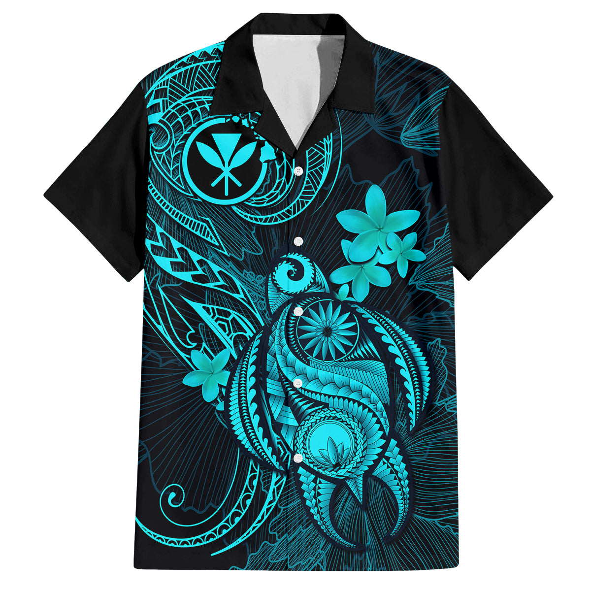Hawaii Family Matching Short Sleeve Bodycon Dress and Hawaiian Shirt Turtle Mix Polynesian Plumeria Turquoise Version LT14 Dad's Shirt - Short Sleeve Turquoise - Polynesian Pride
