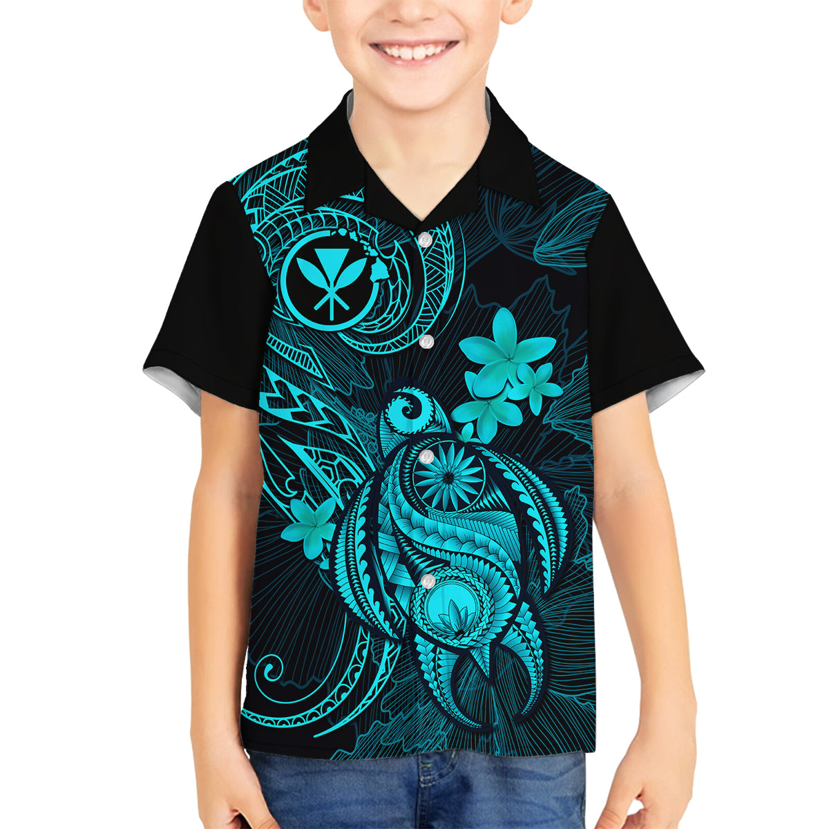 Hawaii Family Matching Short Sleeve Bodycon Dress and Hawaiian Shirt Turtle Mix Polynesian Plumeria Turquoise Version LT14 Son's Shirt Turquoise - Polynesian Pride