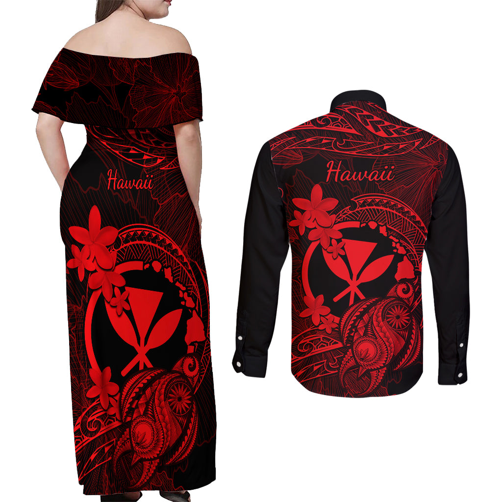 hawaii-couples-matching-off-shoulder-maxi-dress-and-long-sleeve-button-shirts-turtle-mix-polynesian-plumeria-red-version