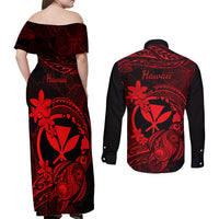 hawaii-couples-matching-off-shoulder-maxi-dress-and-long-sleeve-button-shirts-turtle-mix-polynesian-plumeria-red-version
