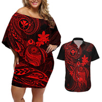 hawaii-couples-matching-off-shoulder-short-dress-and-hawaiian-shirt-turtle-mix-polynesian-plumeria-red-version