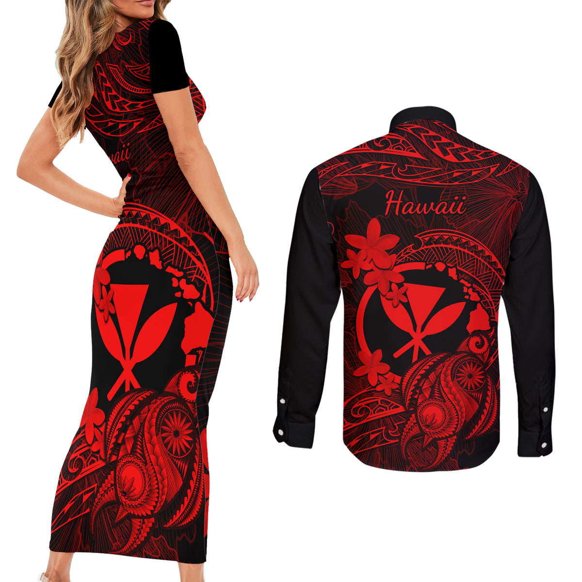 hawaii-couples-matching-short-sleeve-bodycon-dress-and-long-sleeve-button-shirts-turtle-mix-polynesian-plumeria-red-version