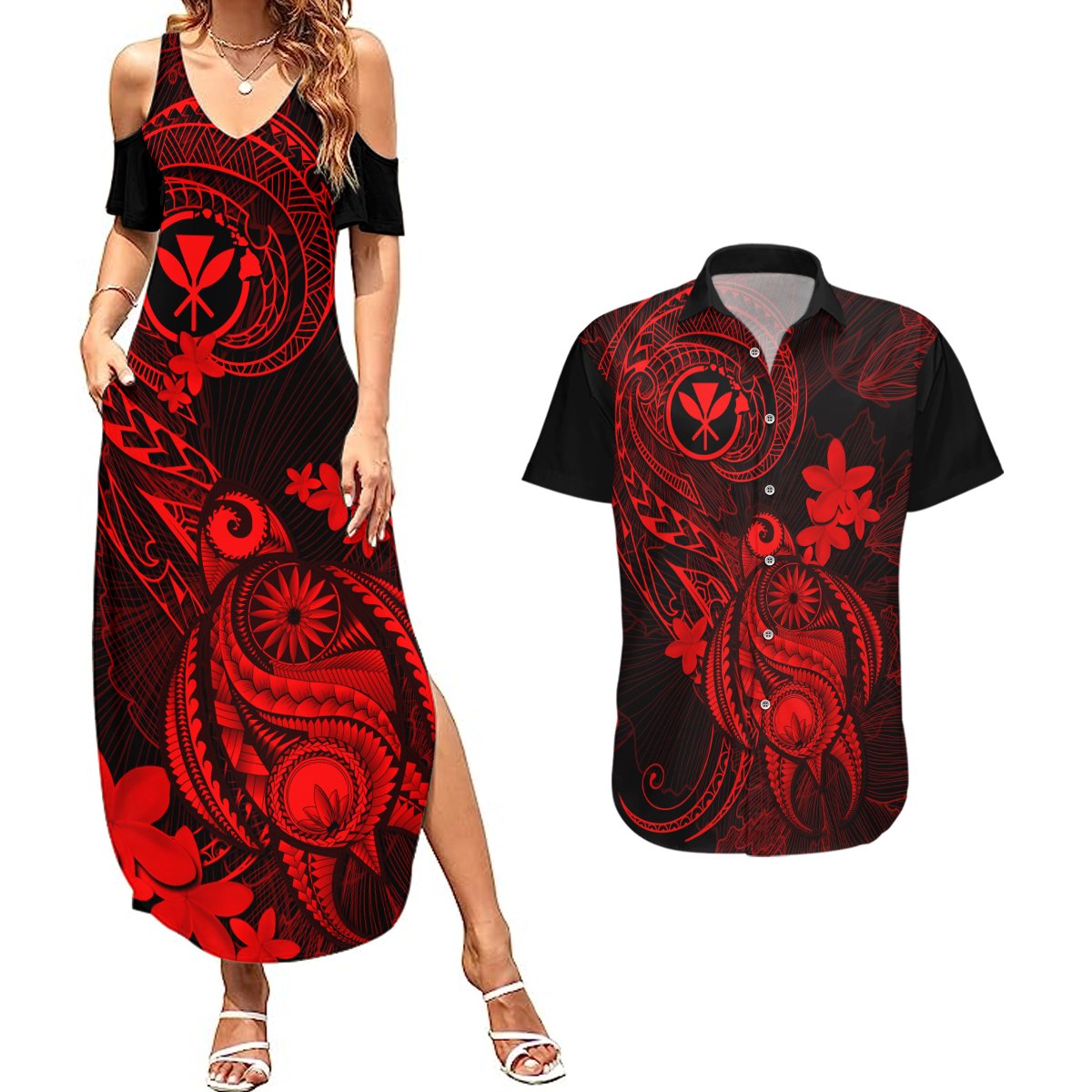 hawaii-couples-matching-summer-maxi-dress-and-hawaiian-shirt-turtle-mix-polynesian-plumeria-red-version