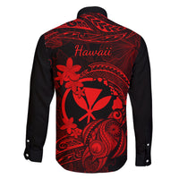 hawaii-family-matching-off-shoulder-long-sleeve-dress-and-hawaiian-shirt-turtle-mix-polynesian-plumeria-red-version