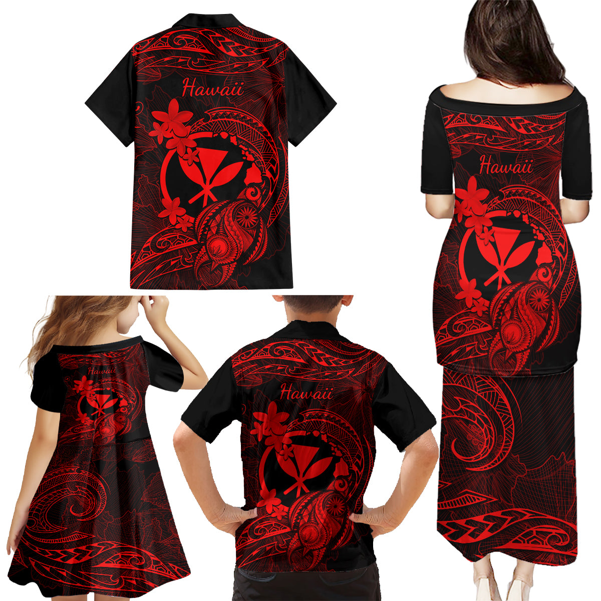 Hawaii Family Matching Puletasi Dress and Hawaiian Shirt Turtle Mix Polynesian Plumeria Red Version LT14 - Polynesian Pride