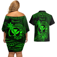 hawaii-couples-matching-off-shoulder-short-dress-and-hawaiian-shirt-turtle-mix-polynesian-plumeria-green-version
