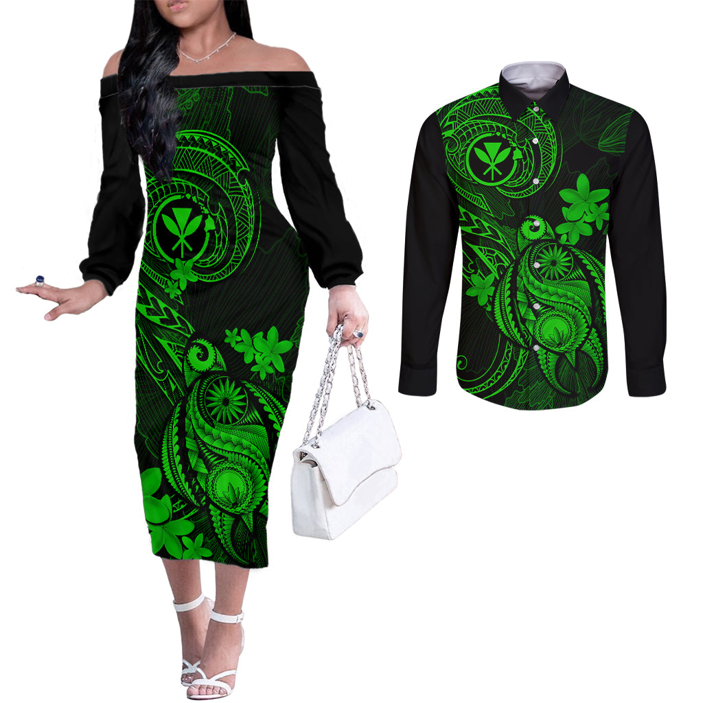 hawaii-couples-matching-off-the-shoulder-long-sleeve-dress-and-long-sleeve-button-shirts-turtle-mix-polynesian-plumeria-green-version