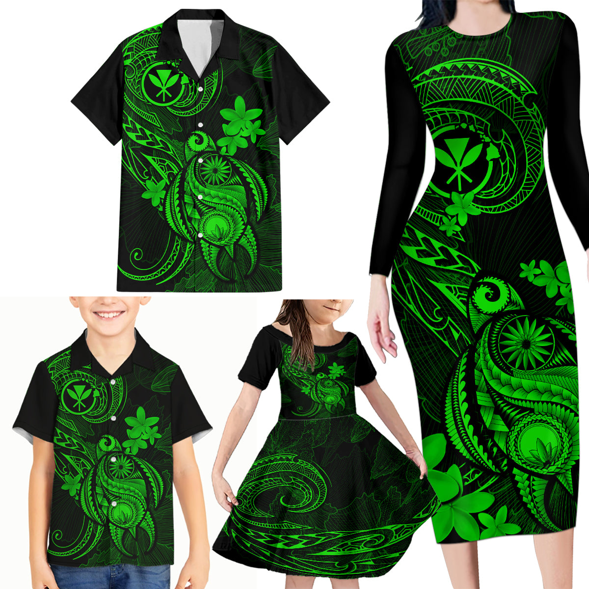 Hawaii Family Matching Long Sleeve Bodycon Dress and Hawaiian Shirt Turtle Mix Polynesian Plumeria Green Version LT14 - Polynesian Pride