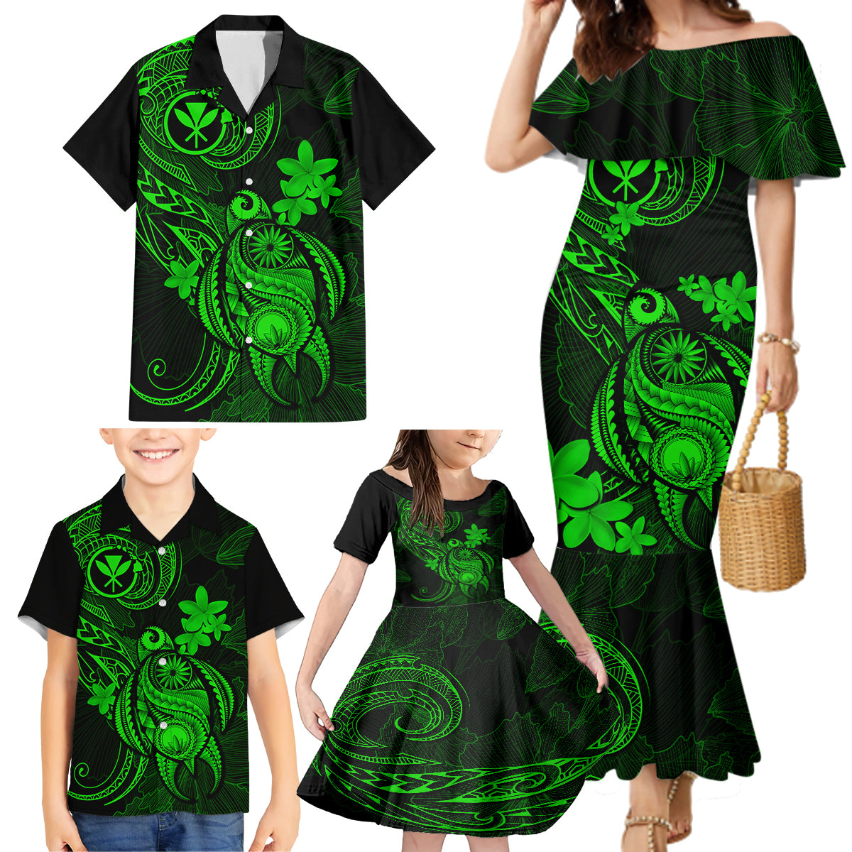 Hawaii Family Matching Mermaid Dress and Hawaiian Shirt Turtle Mix Polynesian Plumeria Green Version LT14 - Polynesian Pride