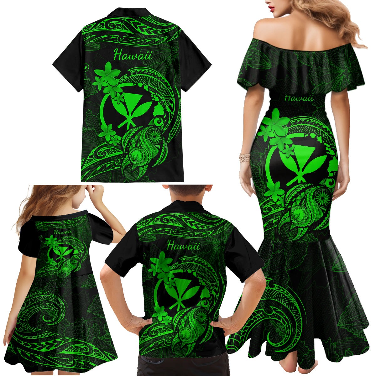 Hawaii Family Matching Mermaid Dress and Hawaiian Shirt Turtle Mix Polynesian Plumeria Green Version LT14 - Polynesian Pride