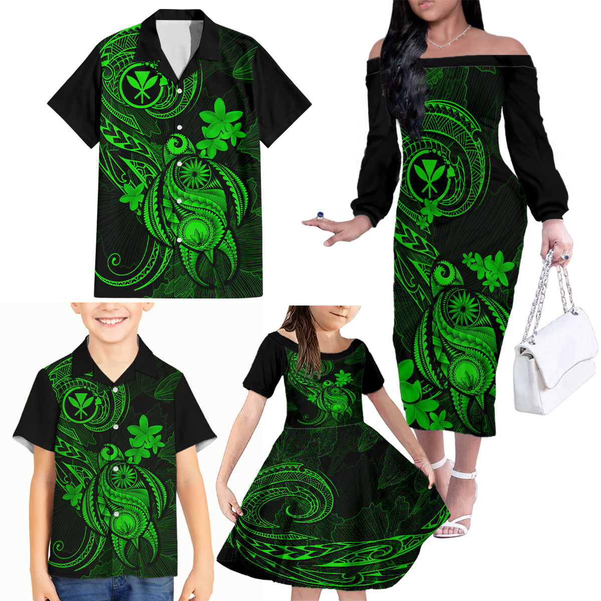 Hawaii Family Matching Off Shoulder Long Sleeve Dress and Hawaiian Shirt Turtle Mix Polynesian Plumeria Green Version LT14 - Polynesian Pride