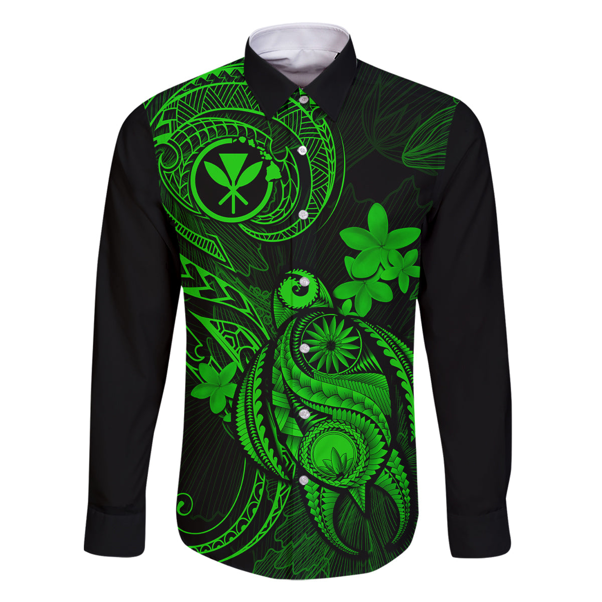 Hawaii Family Matching Off Shoulder Long Sleeve Dress and Hawaiian Shirt Turtle Mix Polynesian Plumeria Green Version LT14 Dad's Shirt - Long Sleeve Green - Polynesian Pride