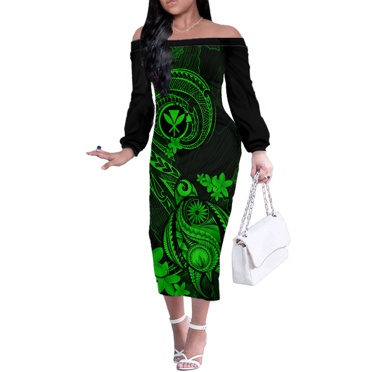 Hawaii Family Matching Off Shoulder Long Sleeve Dress and Hawaiian Shirt Turtle Mix Polynesian Plumeria Green Version LT14 Mom's Dress Green - Polynesian Pride