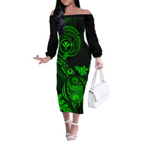 Hawaii Family Matching Off Shoulder Long Sleeve Dress and Hawaiian Shirt Turtle Mix Polynesian Plumeria Green Version LT14 Mom's Dress Green - Polynesian Pride