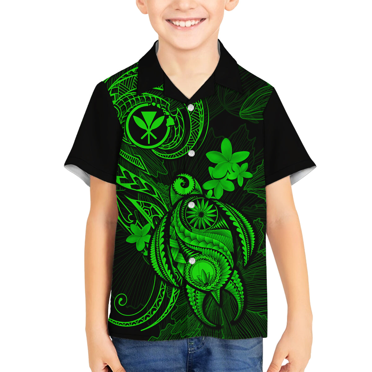 hawaii-family-matching-off-shoulder-short-dress-and-hawaiian-shirt-turtle-mix-polynesian-plumeria-green-version