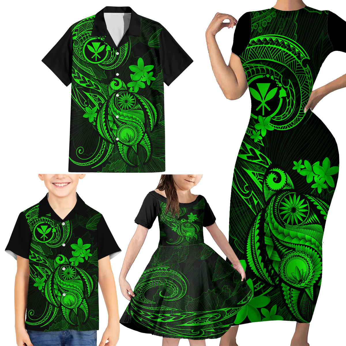 Hawaii Family Matching Short Sleeve Bodycon Dress and Hawaiian Shirt Turtle Mix Polynesian Plumeria Green Version LT14 - Polynesian Pride