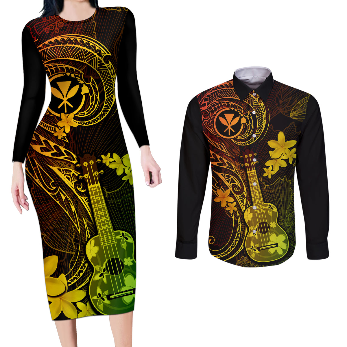 hawaii-couples-matching-long-sleeve-bodycon-dress-and-long-sleeve-button-shirts-ukulele-mix-polynesian-plumeria-reggae-version