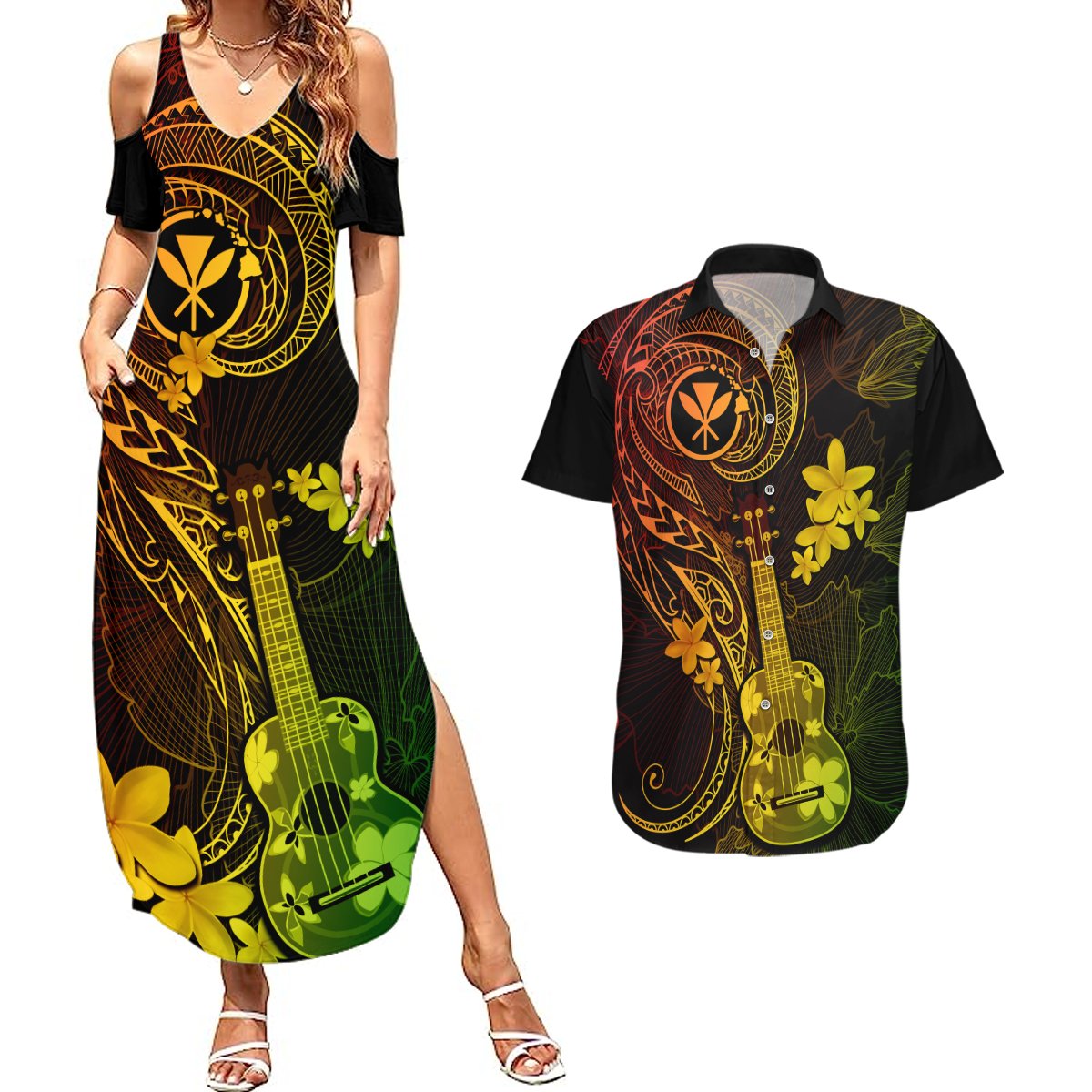 hawaii-couples-matching-summer-maxi-dress-and-hawaiian-shirt-ukulele-mix-polynesian-plumeria-reggae-version