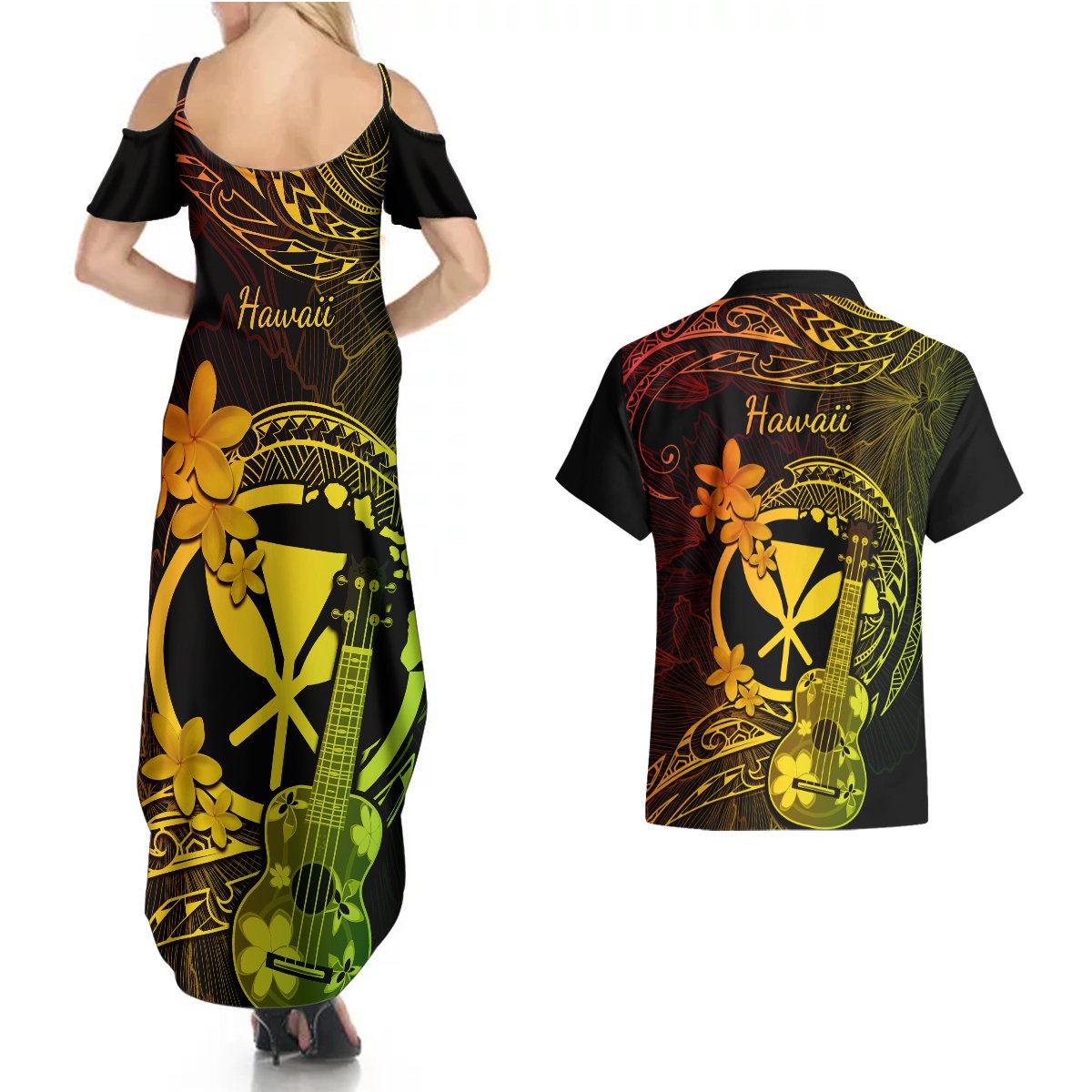 hawaii-couples-matching-summer-maxi-dress-and-hawaiian-shirt-ukulele-mix-polynesian-plumeria-reggae-version