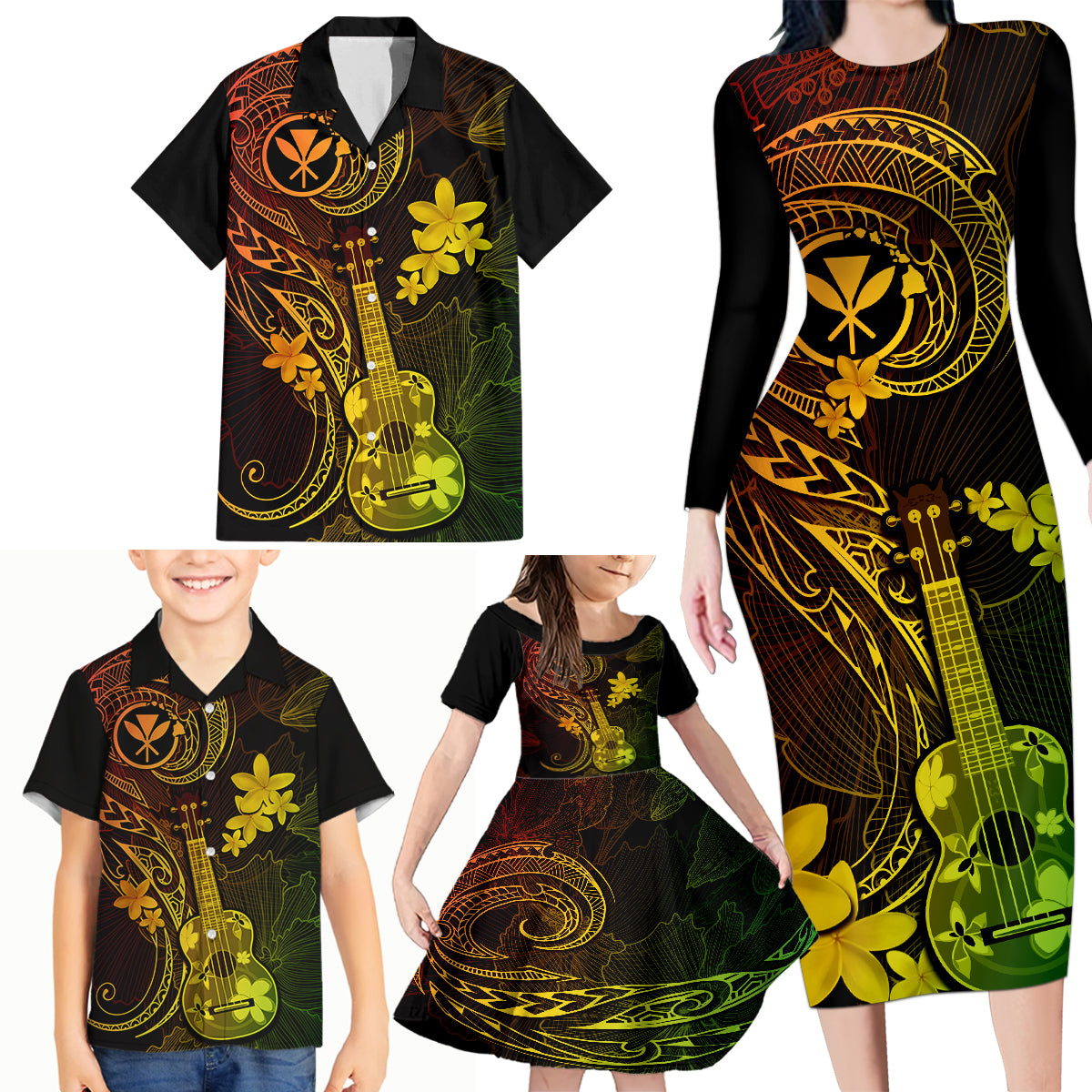 Hawaii Family Matching Long Sleeve Bodycon Dress and Hawaiian Shirt Ukulele Mix Polynesian Plumeria Reggae Version LT14 - Polynesian Pride