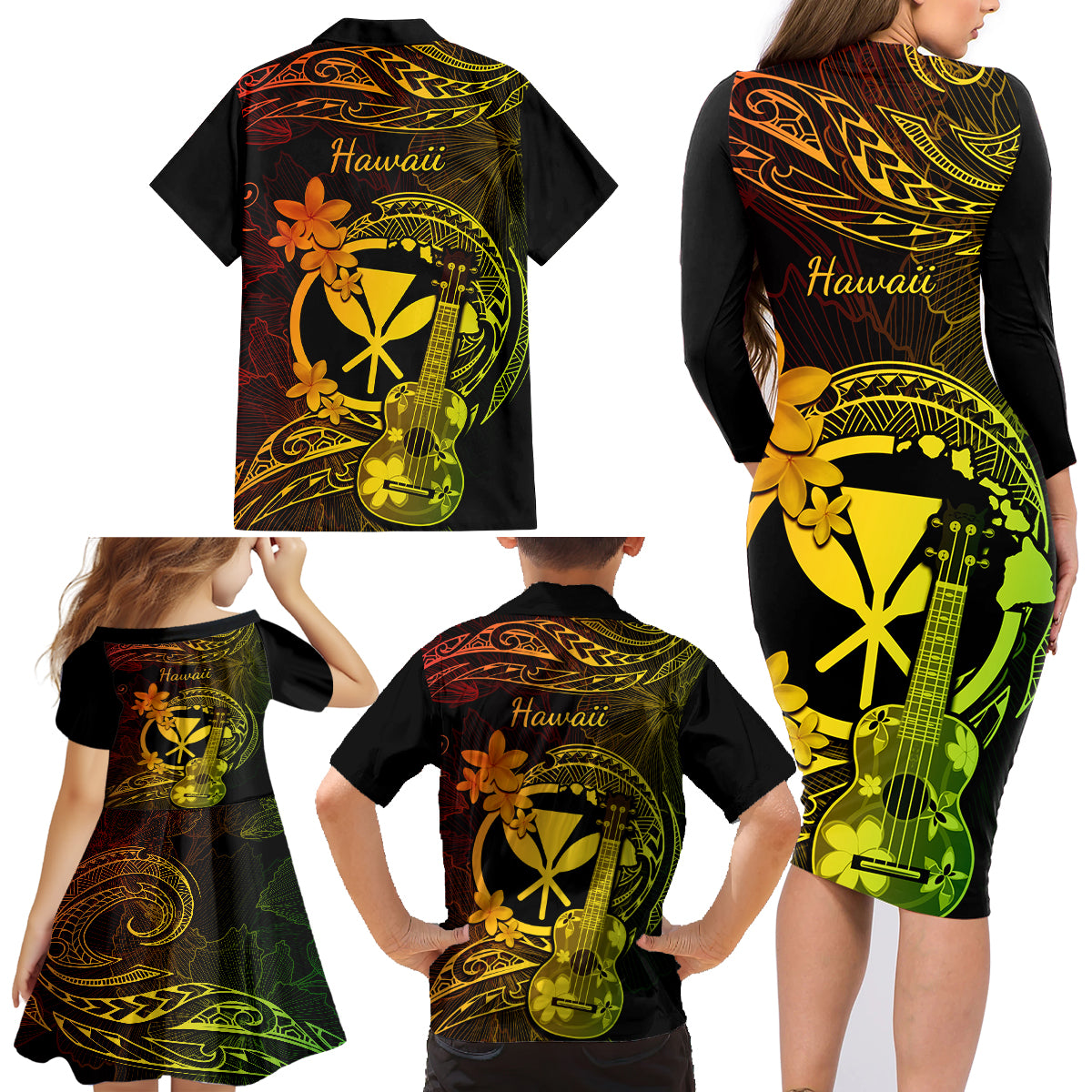Hawaii Family Matching Long Sleeve Bodycon Dress and Hawaiian Shirt Ukulele Mix Polynesian Plumeria Reggae Version LT14 - Polynesian Pride