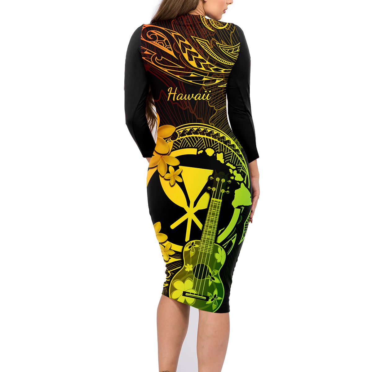 Hawaii Family Matching Long Sleeve Bodycon Dress and Hawaiian Shirt Ukulele Mix Polynesian Plumeria Reggae Version LT14 - Polynesian Pride
