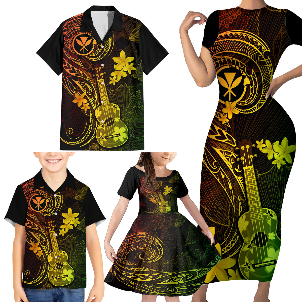 Hawaii Family Matching Short Sleeve Bodycon Dress and Hawaiian Shirt Ukulele Mix Polynesian Plumeria Reggae Version LT14 - Polynesian Pride