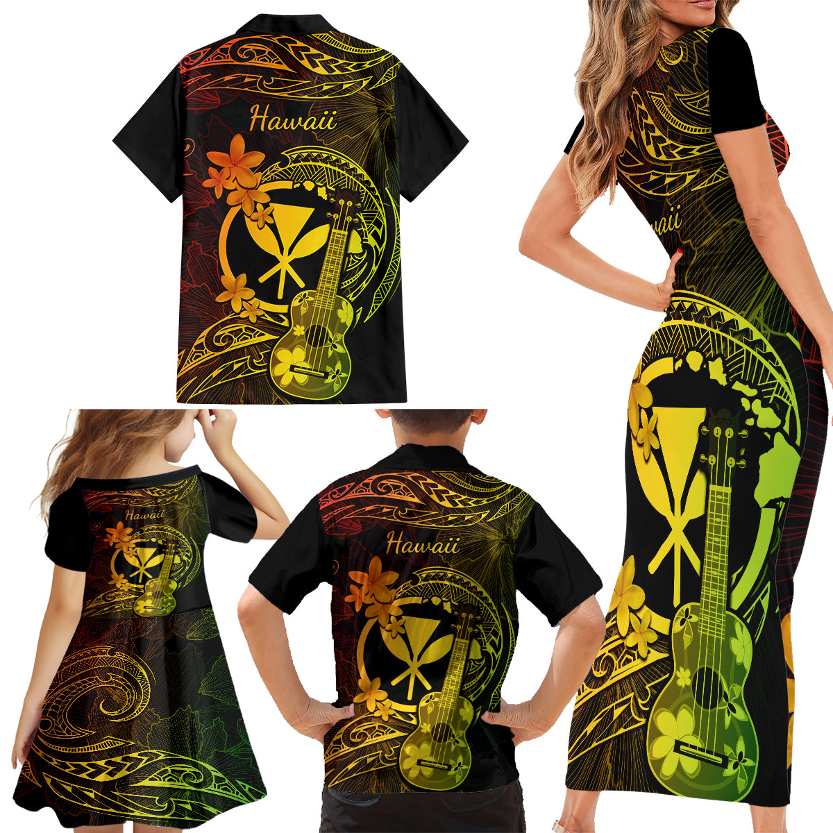 Hawaii Family Matching Short Sleeve Bodycon Dress and Hawaiian Shirt Ukulele Mix Polynesian Plumeria Reggae Version LT14 - Polynesian Pride