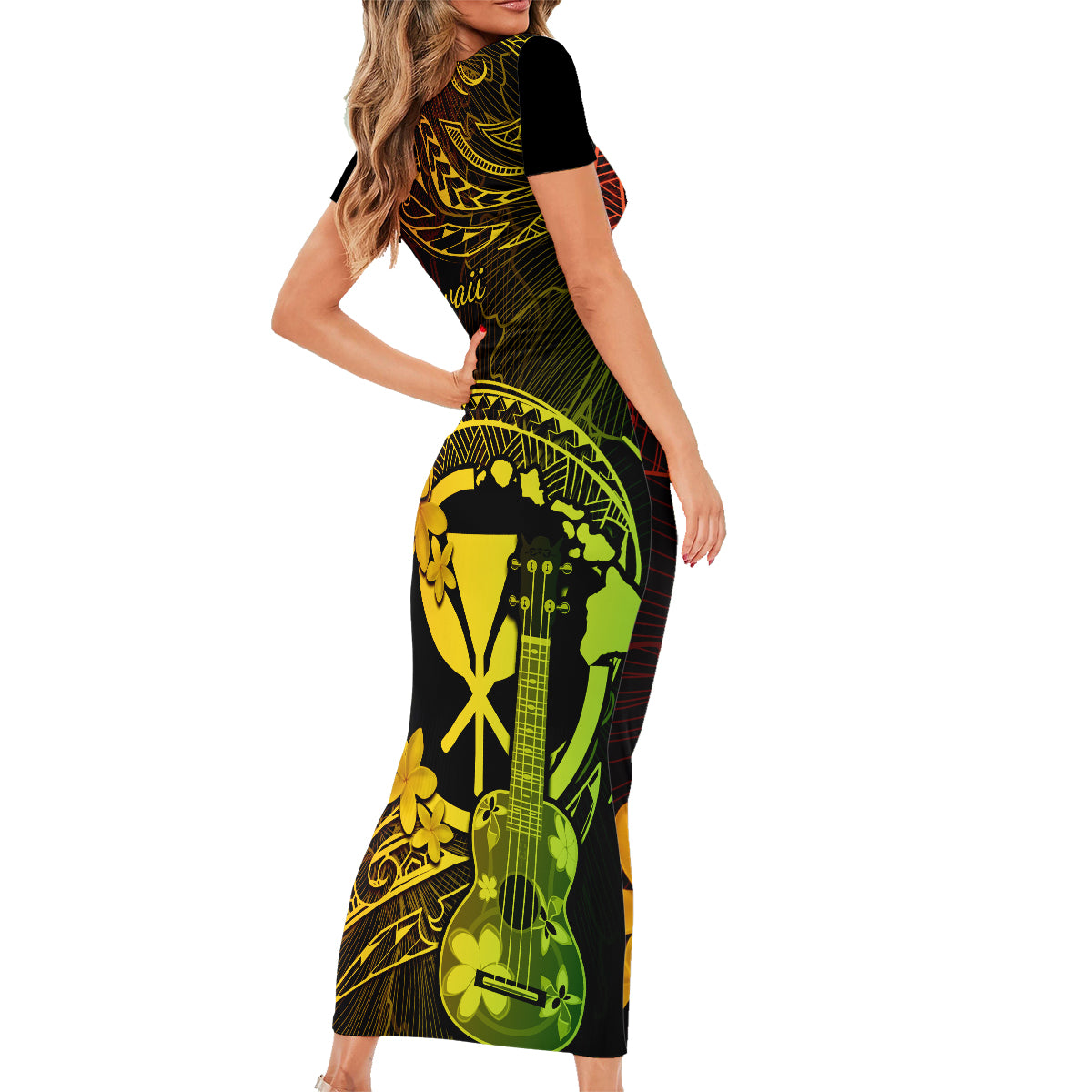Hawaii Family Matching Short Sleeve Bodycon Dress and Hawaiian Shirt Ukulele Mix Polynesian Plumeria Reggae Version LT14 - Polynesian Pride