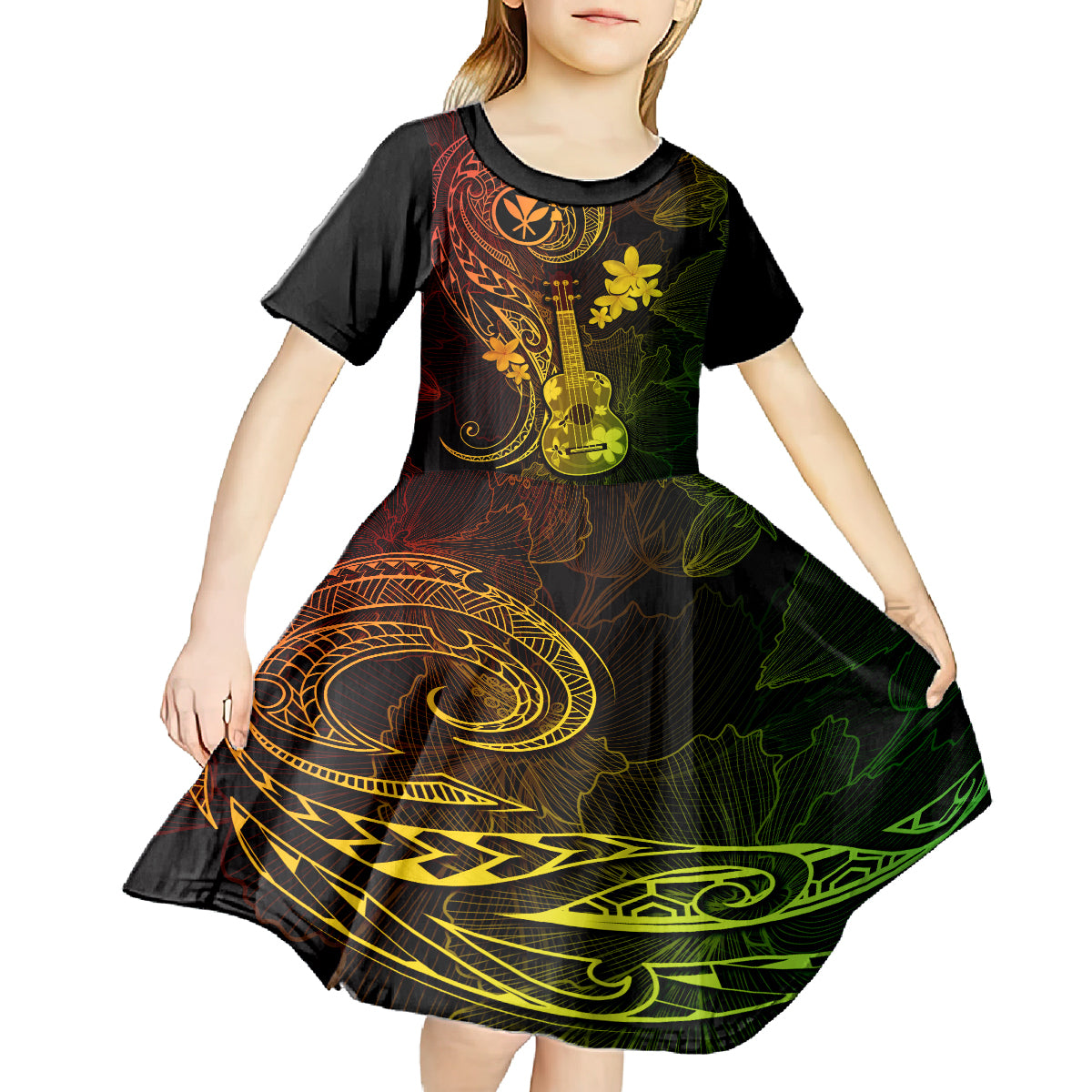 hawaii-kid-short-sleeve-dress-ukulele-mix-polynesian-plumeria-reggae-version