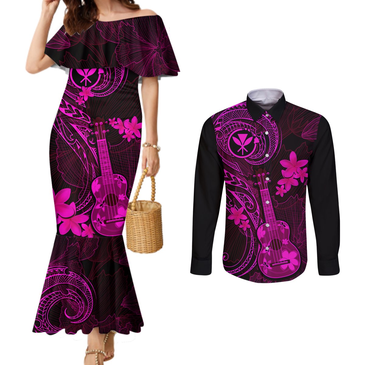 hawaii-couples-matching-mermaid-dress-and-long-sleeve-button-shirts-ukulele-mix-polynesian-plumeria-pink-version
