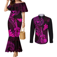 hawaii-couples-matching-mermaid-dress-and-long-sleeve-button-shirts-ukulele-mix-polynesian-plumeria-pink-version