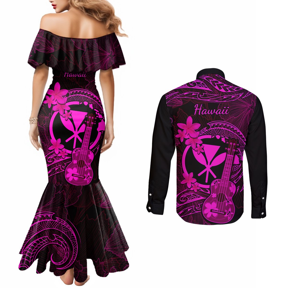 hawaii-couples-matching-mermaid-dress-and-long-sleeve-button-shirts-ukulele-mix-polynesian-plumeria-pink-version