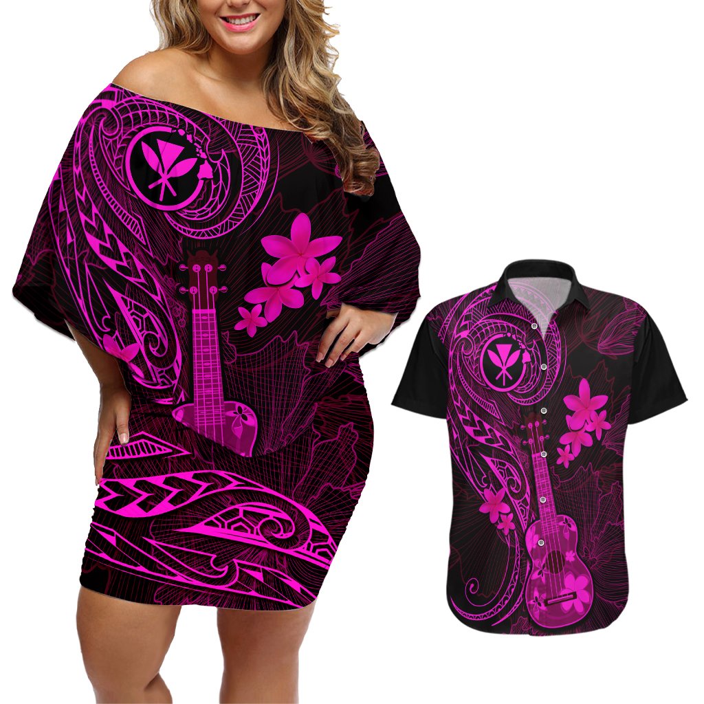 hawaii-couples-matching-off-shoulder-short-dress-and-hawaiian-shirt-ukulele-mix-polynesian-plumeria-pink-version
