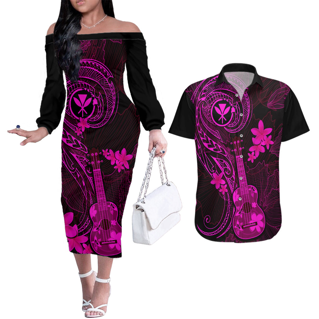 hawaii-couples-matching-off-the-shoulder-long-sleeve-dress-and-hawaiian-shirt-ukulele-mix-polynesian-plumeria-pink-version