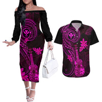 hawaii-couples-matching-off-the-shoulder-long-sleeve-dress-and-hawaiian-shirt-ukulele-mix-polynesian-plumeria-pink-version