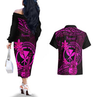 hawaii-couples-matching-off-the-shoulder-long-sleeve-dress-and-hawaiian-shirt-ukulele-mix-polynesian-plumeria-pink-version
