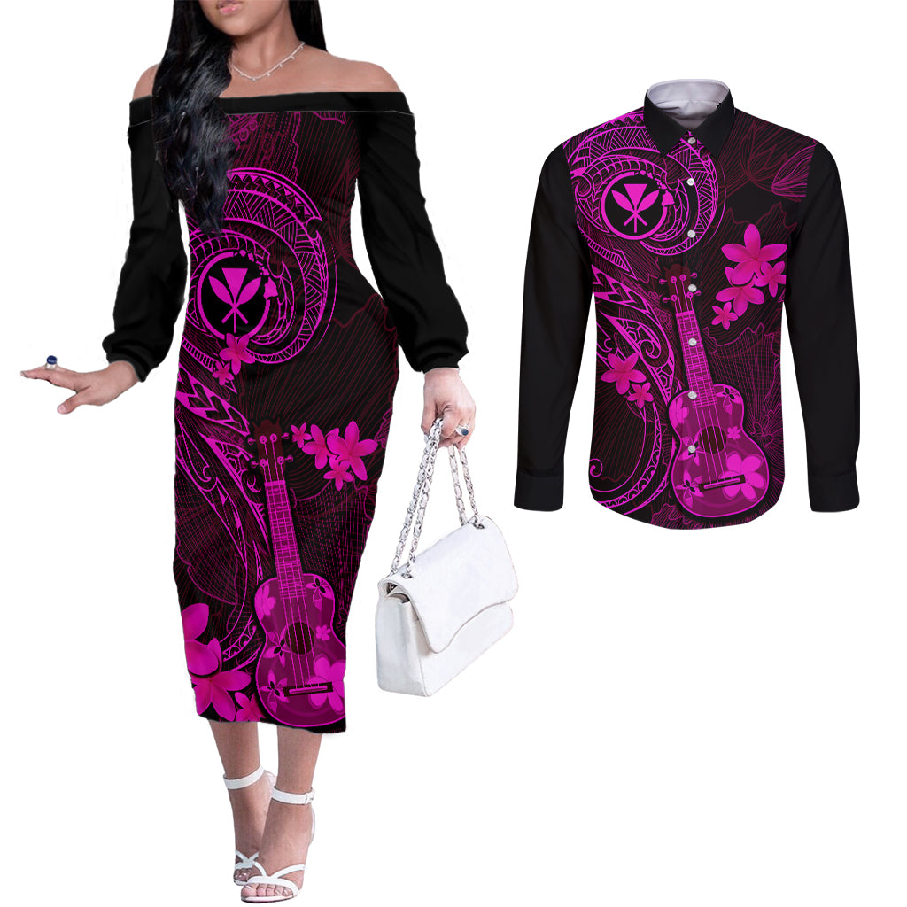 hawaii-couples-matching-off-the-shoulder-long-sleeve-dress-and-long-sleeve-button-shirts-ukulele-mix-polynesian-plumeria-pink-version