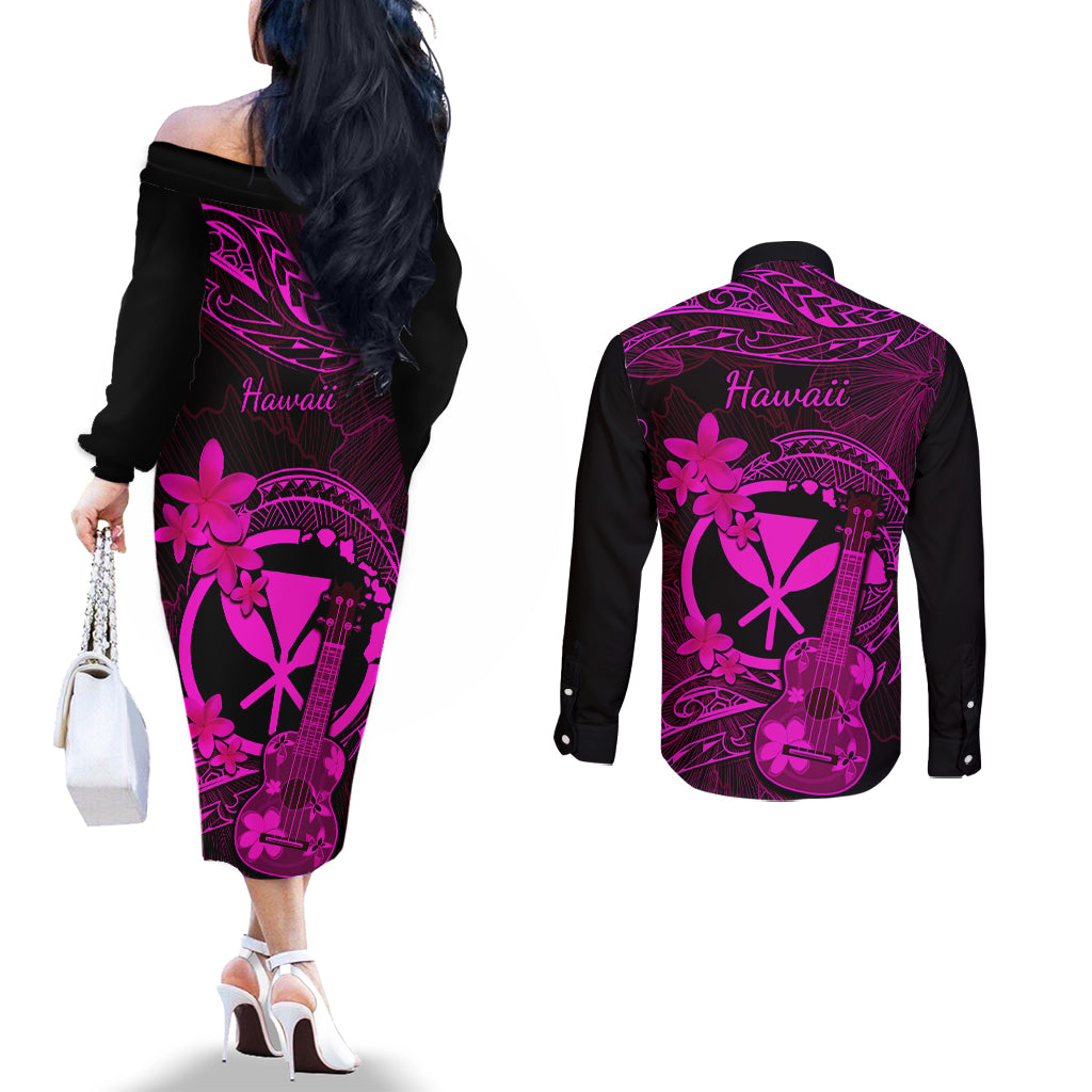 hawaii-couples-matching-off-the-shoulder-long-sleeve-dress-and-long-sleeve-button-shirts-ukulele-mix-polynesian-plumeria-pink-version