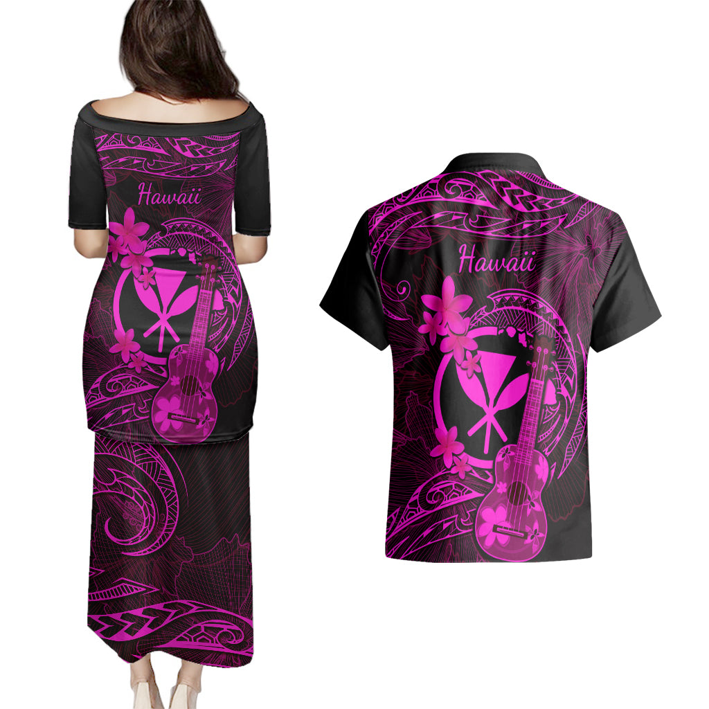 hawaii-couples-matching-puletasi-dress-and-hawaiian-shirt-ukulele-mix-polynesian-plumeria-pink-version