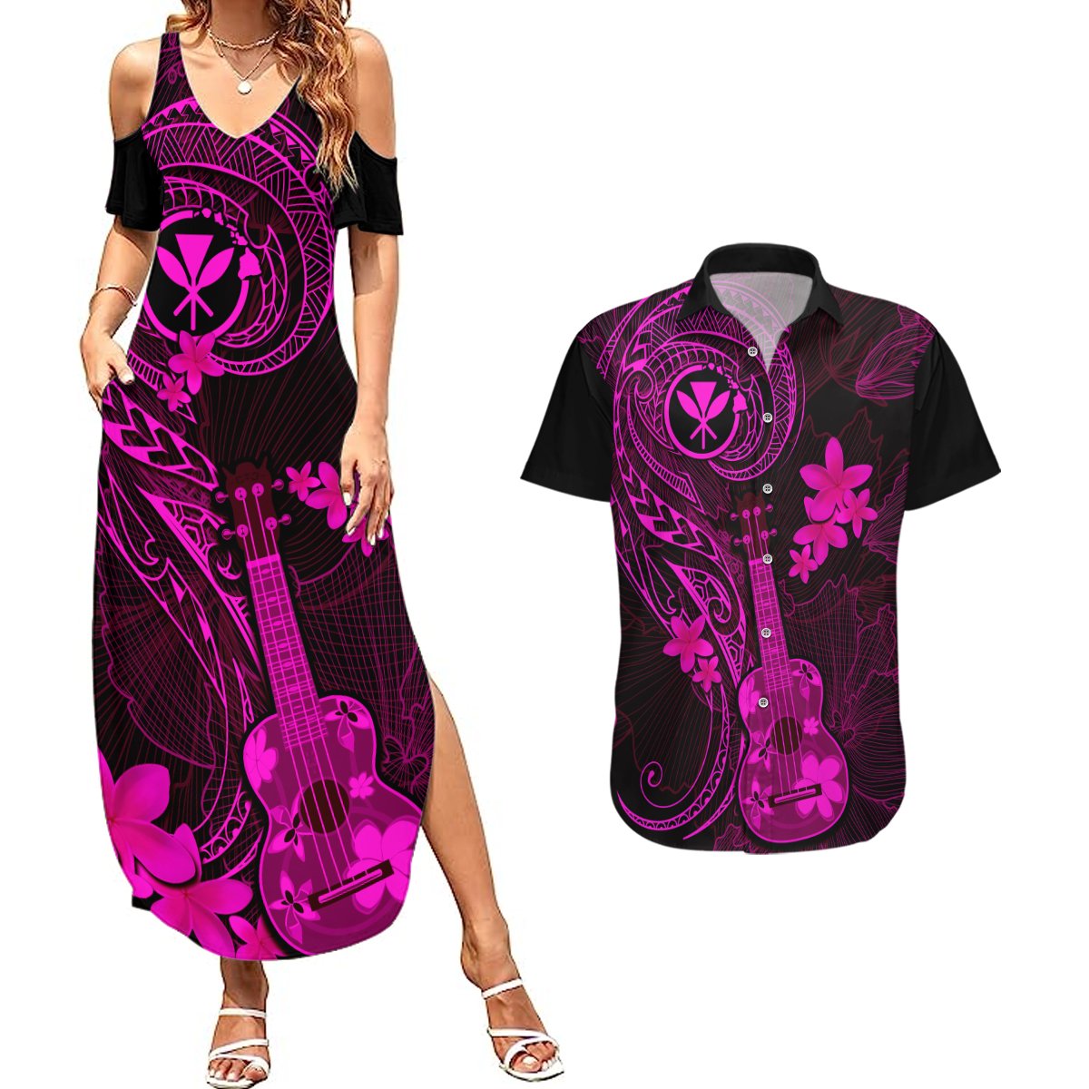 hawaii-couples-matching-summer-maxi-dress-and-hawaiian-shirt-ukulele-mix-polynesian-plumeria-pink-version