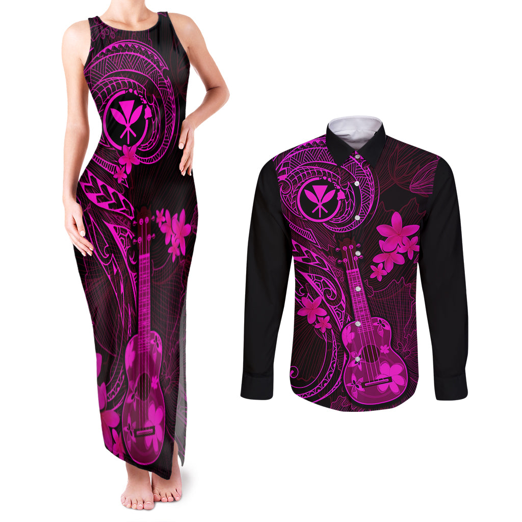 hawaii-couples-matching-tank-maxi-dress-and-long-sleeve-button-shirts-ukulele-mix-polynesian-plumeria-pink-version